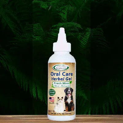 A white bottle of Mad About Organics Herbal Gel for Pet Oral Care with a pointed nozzle and cat and dog images on the label stands on wood, green foliage behind. Made by Mad About Organics with natural ingredients and a no-brush formula.