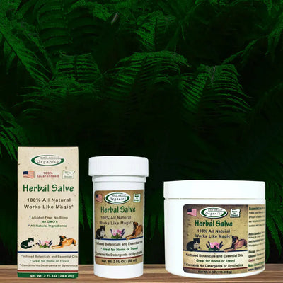 Three jars of Mad About Organics Herbal Salve, featuring green labels with an American flag logo, are shown among ferns. The packaging emphasizes its natural, alcohol-free formula for skin nourishment and safe use.