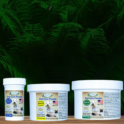 Four containers of Mad About Organics Oral Care Powder for Pets by Mad About Organics, each with a white dog on the label, are shown among lush green ferns. Multiple container sizes of this natural dental care product are arranged side by side.