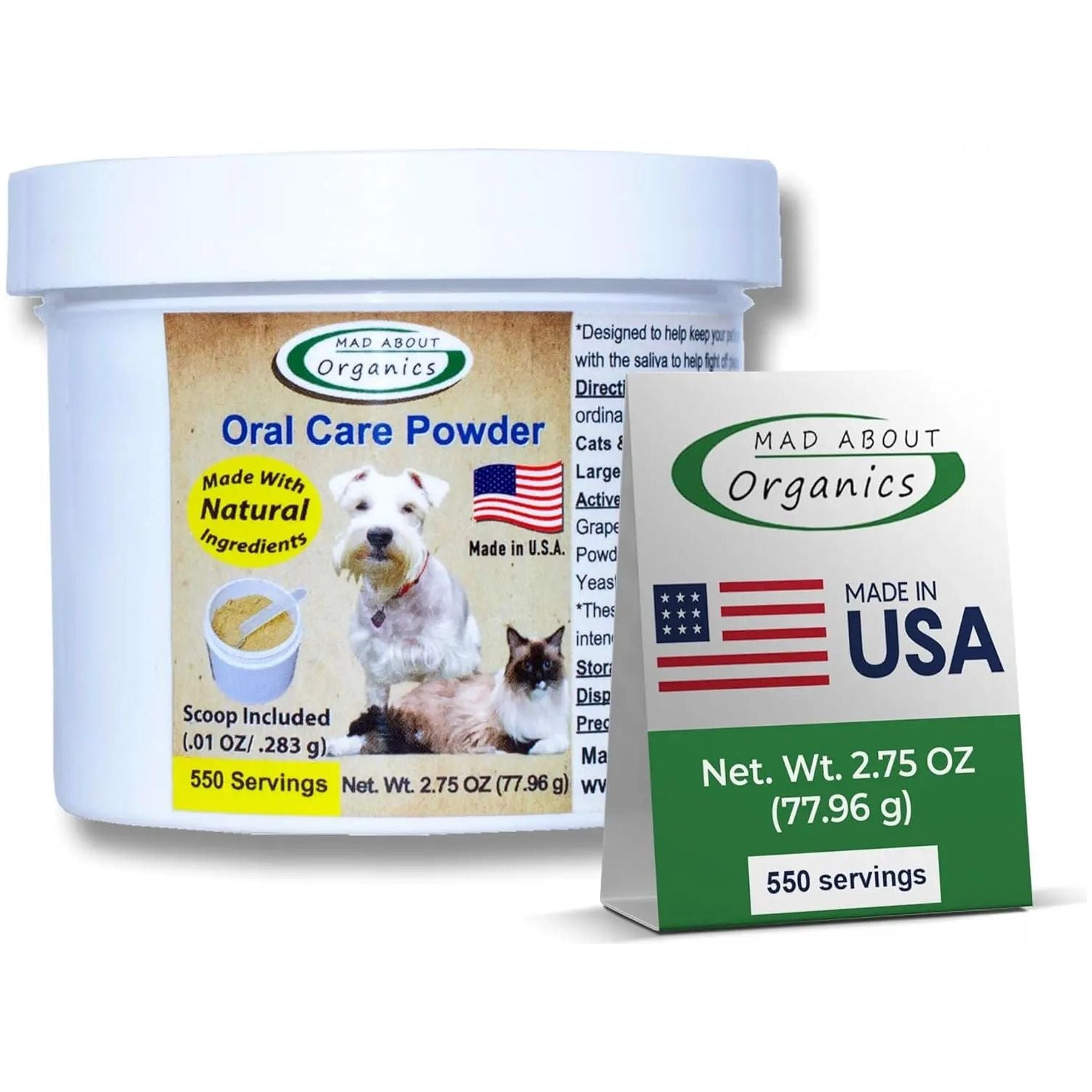 Mad About Organics Oral Care Powder for Pets offers 550 servings, includes a small scoop, features a dog and cat image, uses organic ingredients for pet oral hygiene, and is made in the USA.