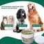 A cat, small, medium, and large dog sit beside Mad About Organics Oral Care Powder for Pets. Text explains serving sizes: under 25 lbs (½–¾ scoop), 25–75 lbs (1–2 scoops), over 50 lbs (3–5 scoops) for natural pet dental health.