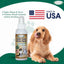A happy dog licks its lips beside Mad About Organics Oral Care Spray - Fresh Mint Formula, with a Made in USA flag, highlighting pet oral care benefits for plaque and fresh breath.