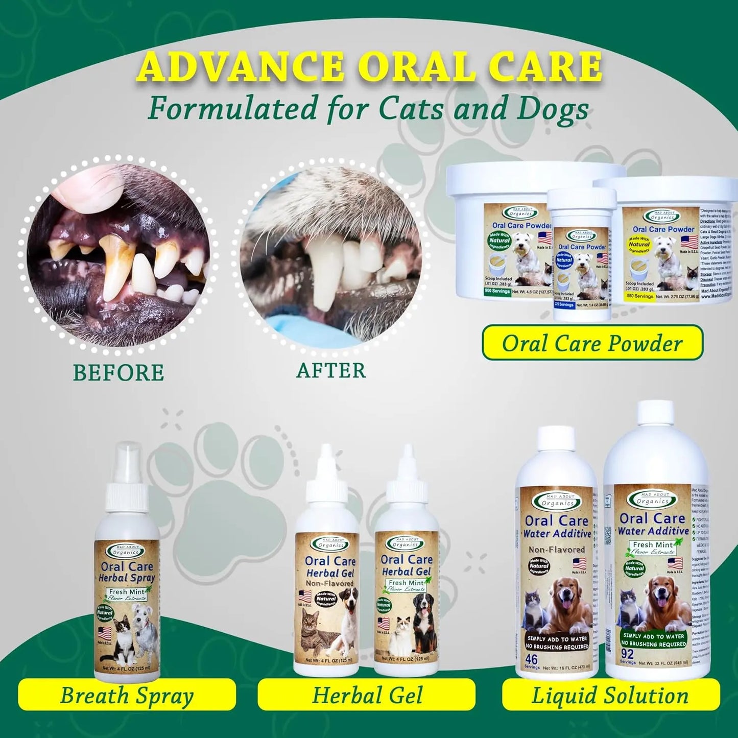 Promotional image for Mad About Organics Oral Care Spray - Fresh Mint Formula by Mad About Organics for cats and dogs, featuring before-and-after teeth photos and highlighting dental benefits like plaque and tartar removal, and fresher breath.