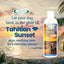 A bottle of Mad About Organics Tahitian Sunset Dog Shampoo 16oz sits on a stone surface with a tropical beach sunset in the background. Text highlights its organic ingredients and promotes soothing relief for dogs’ itchy skin.