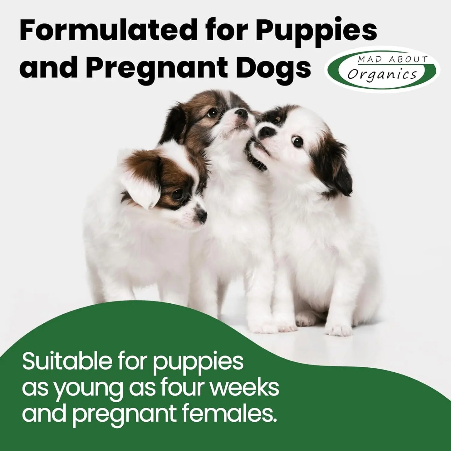 Three fluffy puppies stand on a white background. Text: Mad About Organics Warm Vanilla Dog Shampoo 16oz—formulated with organic ingredients for sensitive puppies (4+ weeks) and pregnant dogs. Mad About Organics logo appears top right.