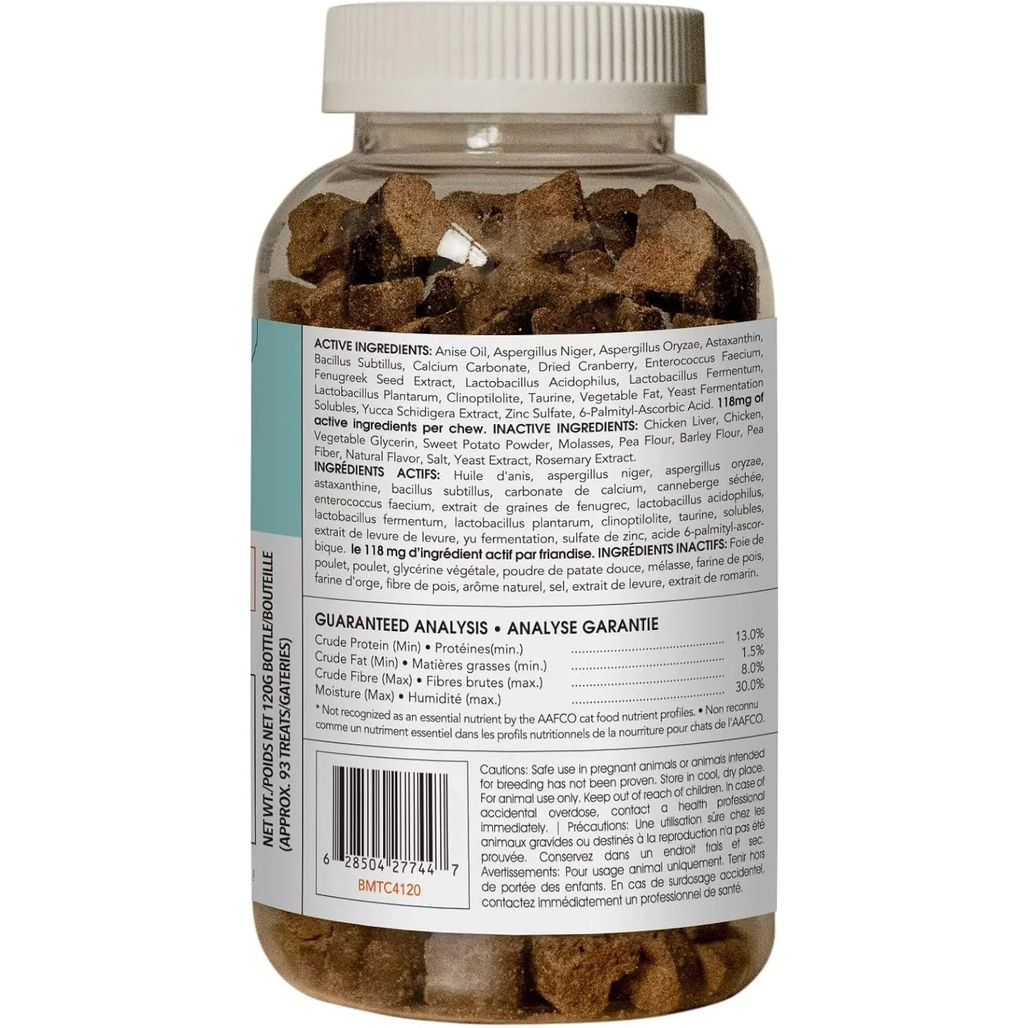 MicrocynAH MICRO Cat Oral Health Soft Chews 120g come in a clear bottle with a silver lid. The English and French label lists ingredients, guaranteed analysis, and a barcode—supporting cat oral health and helping reduce bad breath.