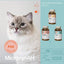 A fluffy blue-eyed cat sits beside three MicrocynAH MICRO Cat Oral Health Soft Chews 120g bottles. Text highlights the grain-free chicken recipe, supporting oral health and fresh breath for cats with tasty soft chews.