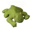 The Multipet Dazzler Durable Plush Dog Toy by Multipet is a green, textured plush frog with orange and black eyes, shown lying flat on its belly against a white background.