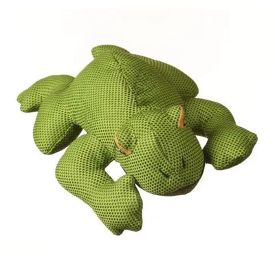 The Multipet Dazzler Durable Plush Dog Toy by Multipet is a green, textured plush frog with orange and black eyes, shown lying flat on its belly against a white background.