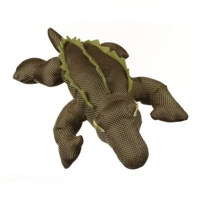 The Multipet Dazzler Durable Plush Dog Toy by Multipet features an alligator shape in brown textured fabric with small white dots and green detailing along its back, shown against a white background.