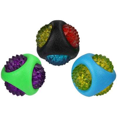 The Multipet Diamond Dental Ball Dog Fetch Toy by Multipet now features LED lights. These colorful balls, available in black, blue, or green with red, yellow, or purple spikes, are perfect for fetch and promote dental hygiene with their textured surfaces.