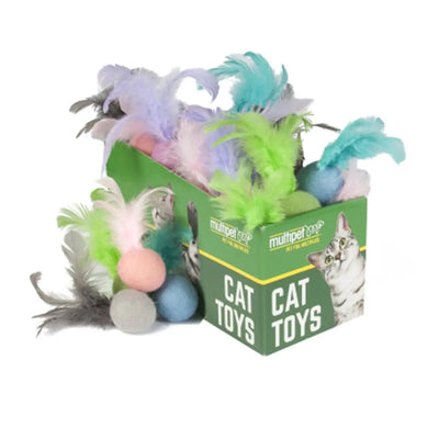 Multipet Felt Ball w/ Feathers Cat Toys Assorted Colors 4" 30pc Multipet