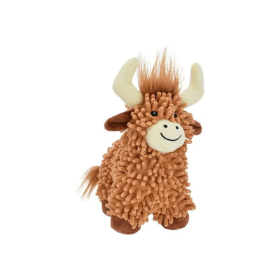 The Multipet Floppy Highland Cow Dog Toy 10 features shaggy brown fur, cream-colored horns, a smiling face, and a fluffy mane and tail. This delightful squeaker toy stands upright and is perfect for adding fun to any pups playtime.