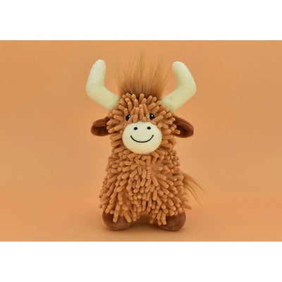 The Multipet Floppy Highland Cow Dog Toy features curly brown fur, white horns, and a cheerful face. It’s 10 and crafted by Multipet to be the perfect squeaker toy for your dog against an orange backdrop.