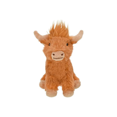The Multipet Highland Cow Dog Toy is a plush, orange-brown companion with small horns, a cute face, and a top tuft of fur. Sitting upright, this toy is perfect for pets and surprises them with its squeaky feature for endless fun!.