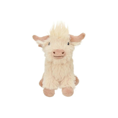 The Multipet Highland Cow Dog Toy from Multipet is a plush beige toy with a fluffy mane, small horns, and darker hooves and snout. It features a friendly expression and squeaks for endless fun, making it the perfect companion for your pet.