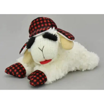 Multipet Lamb Chop w/ Buffalo Plaid Trapper Hat Dog Toy 10.5" Multipet