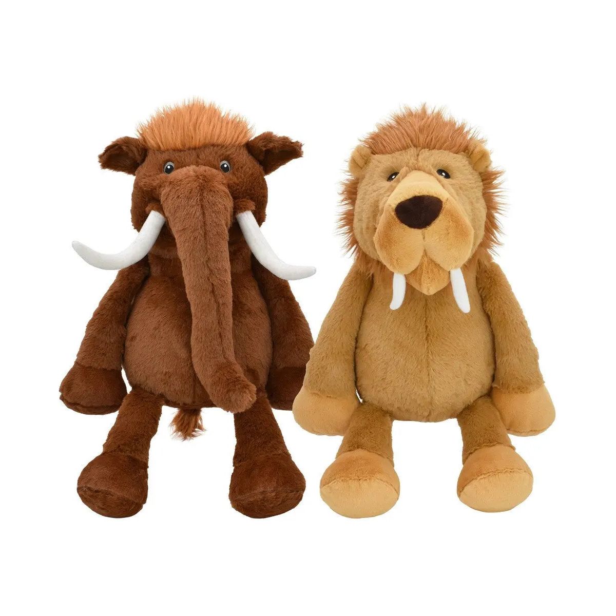 Two plush toys, a Multipet Mammoth and Sabertooth Tiger Dog Toy 14, both from Multipet, sit side by side on a plain white background. The mammoth has large tusks and a fluffy mane, while the tiger features a tan look with lighter mane and small fangs.