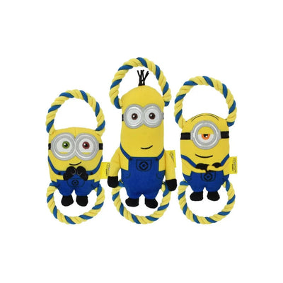 The Multipet Minion Double Tug Dog Rope Toy Assortment includes three dog toys resembling Minions, each with yellow bodies, blue overalls, and goggles. Featuring blue and yellow rope handles on both sides and a central toy with a black tuft of hair, these are perfect interactive toys for your pet!.