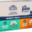 Front view of a Natural Balance Limited Ingredient Soft Pate in Broth Wet Cat Food box, featuring 10 packs for adult cats. The grain-free cat food is from the Natural Balance brand and comes in 2.6 oz servings.