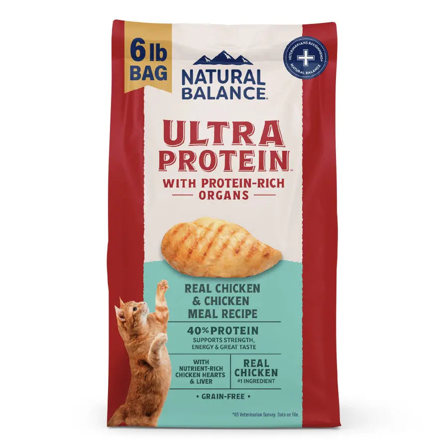 A 6 lb bag of Natural Balance Ultra Protein Chicken Meal Recipe Dry Cat Food, 40% protein, protein-rich organs, real chicken, grain-free. Features grilled chicken breast and an orange cat reaching up on the packaging.