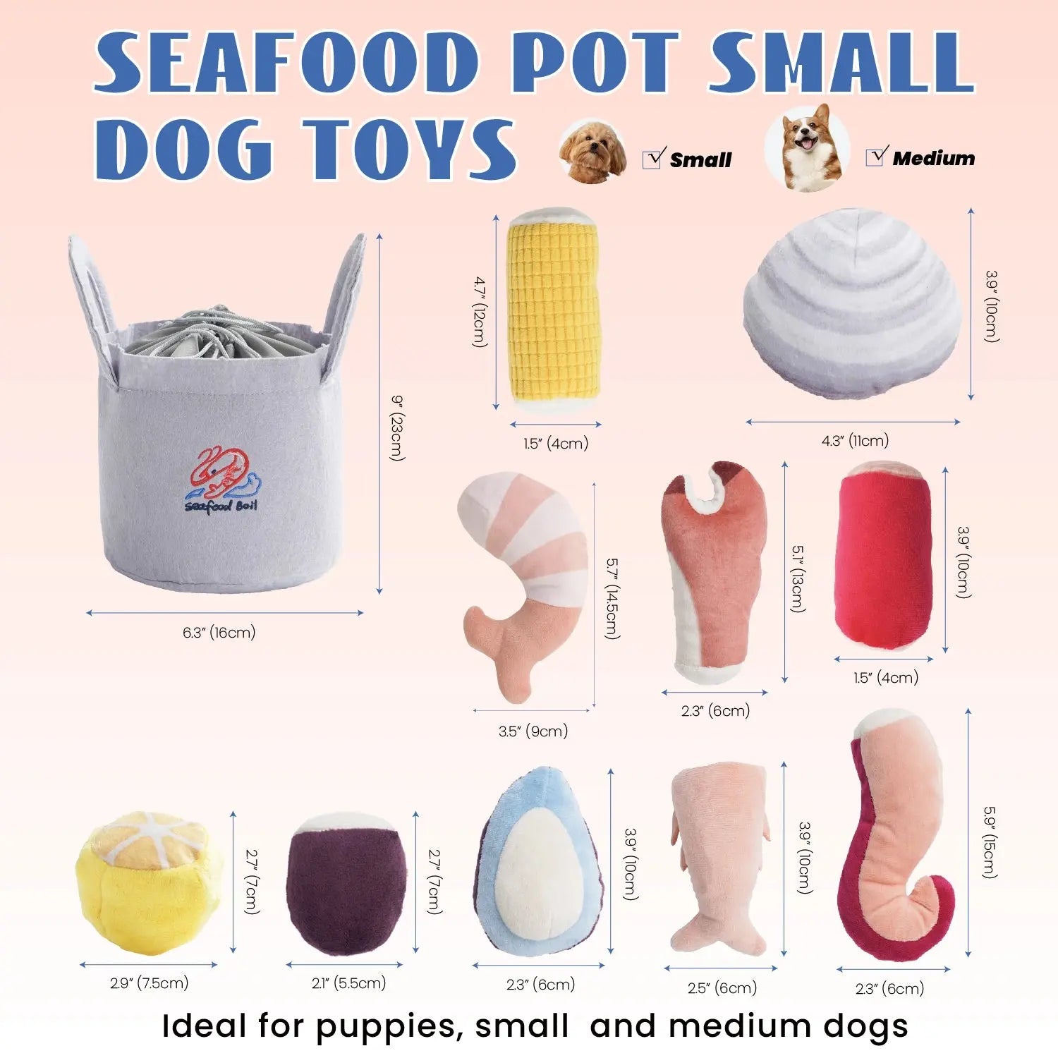 The Nocciola 10-Piece Seafood Boil Dog Toy Set includes shrimp, drumstick, and scallop toys with squeakers and crinkle sounds—perfect interactive fun for puppies and small to medium dogs.