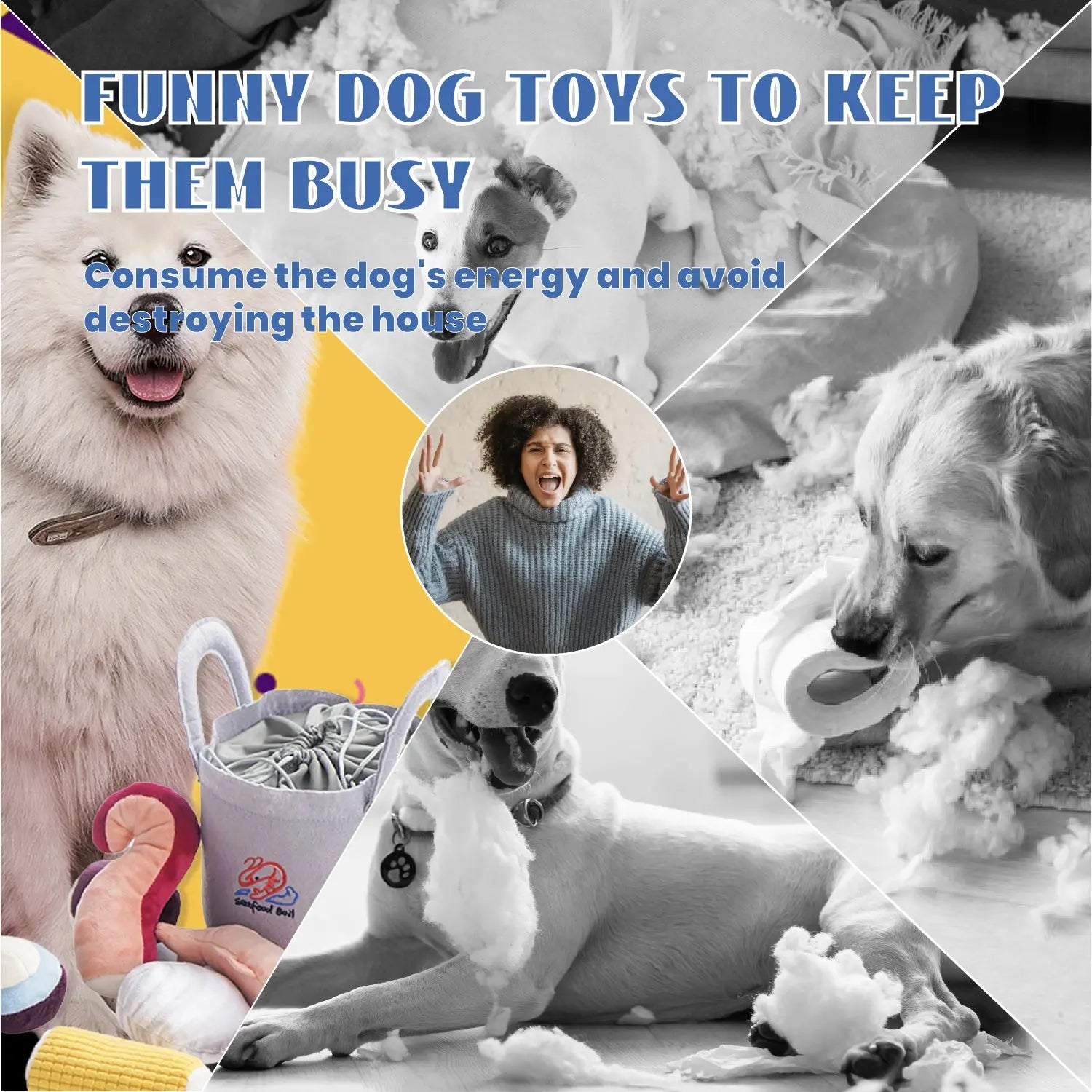 A collage shows happy dogs playing with the Nocciola 10-Piece Seafood Boil Dog Toy Set, plush toys with squeakers and crinkle sounds. Bold text: Funny Dog Toys to Keep Them Busy. Burn energy and prevent chaos with Nocciola dog toys.