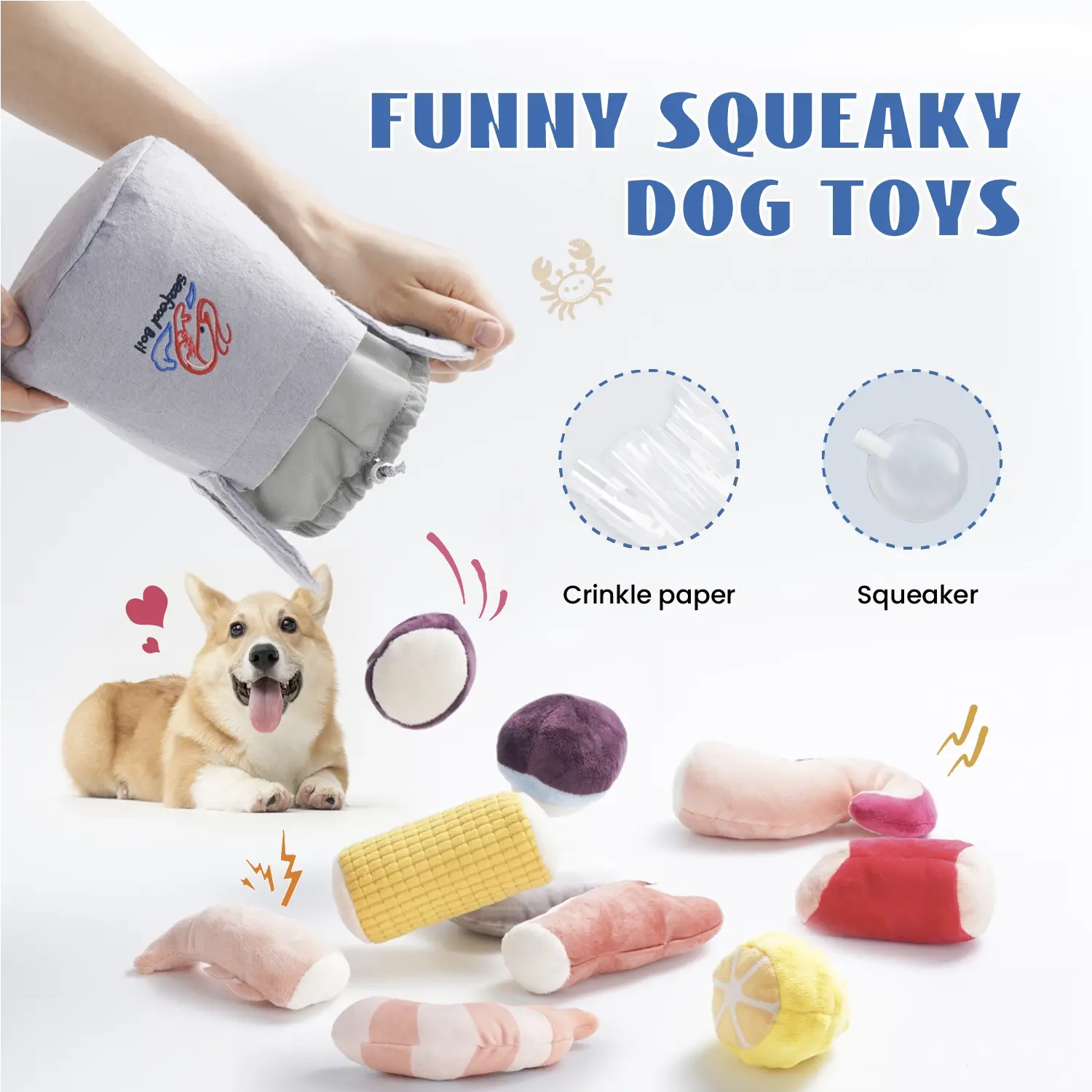 A corgi lounges next to the Nocciola 10-Piece Seafood Boil Dog Toy Set, featuring food-shaped plush toys with squeakers and crinkle sounds. A hand reveals the soft container labeled funny squeaky dog toys.