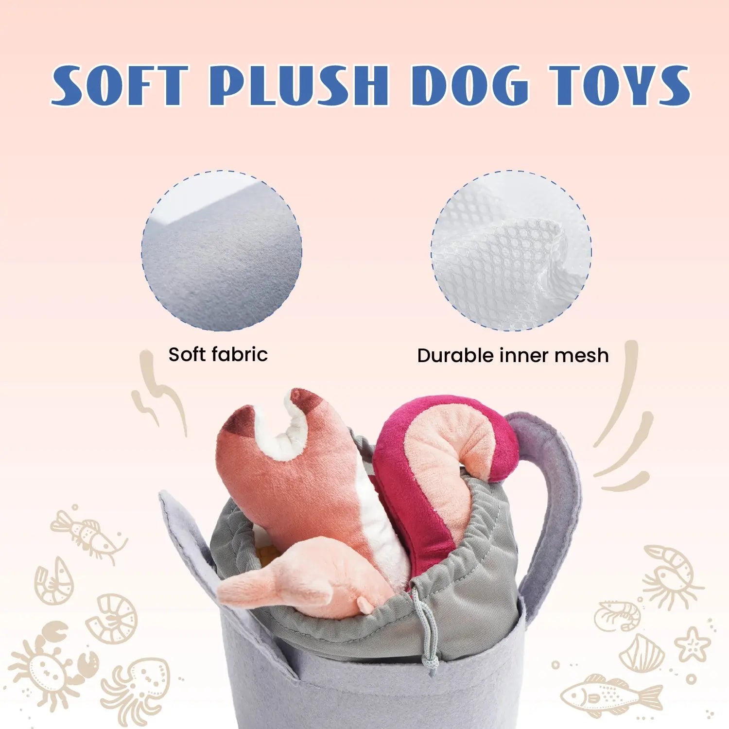 A bucket holds the Nocciola 10-Piece Seafood Boil Dog Toy Set with squeakers and crinkle sounds. Insets show soft fabric and durable mesh. The background displays a gradient with playful dog-themed illustrations.