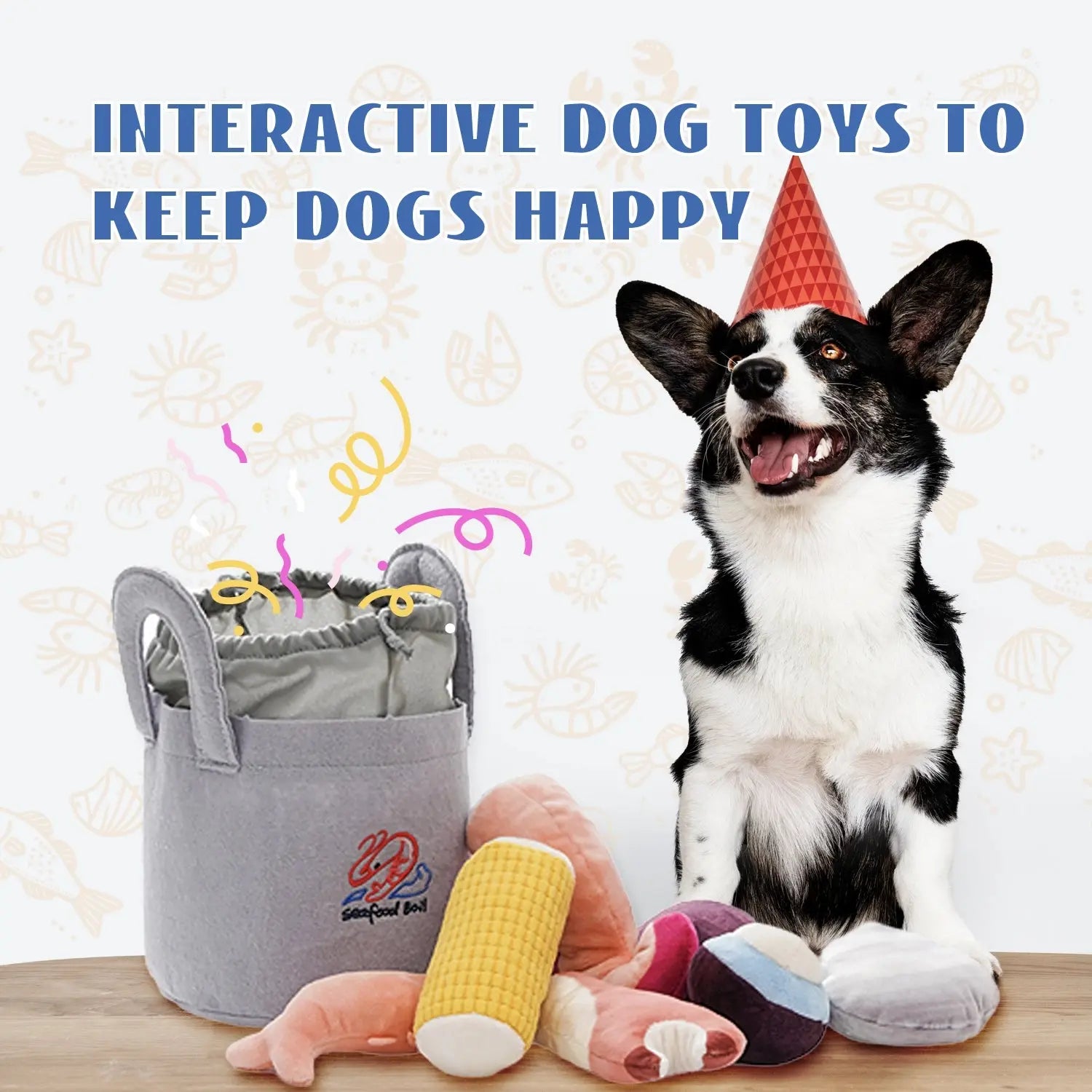 A happy dog in a red party hat sits beside a gray bin filled with colorful toys. Above, confetti and the text: Interactive Dog Toys, like our Nocciola 10-Piece Seafood Boil Dog Toy Set, to Keep Dogs Happy appear.