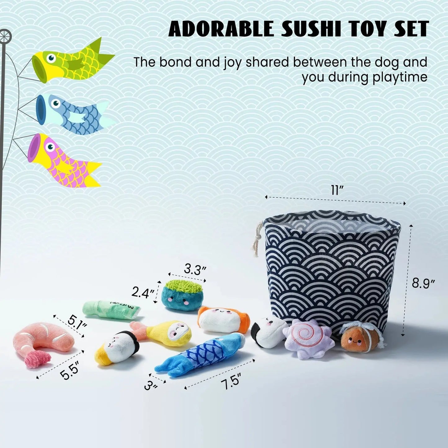 Nocciola 10-Piece Sushi Plush Squeaky Dog Toy Set with Bag Nocciola