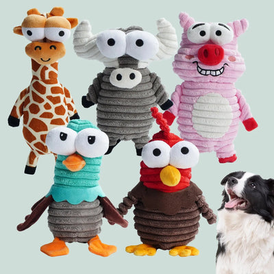 The Nocciola 5-Pack Funny Squeaky Dog Toys by Nocciola features colorful plush animal toys (giraffe, moose, pig, teal bird & brown bird) for endless entertainment. A black and white dog gazes at them on a pale green background.
