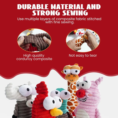 Nocciola 5-Pack Funny Squeaky Dog Toys are shown in colorful corduroy. Text highlights their durability—strong sewing, tear-resistance, sturdy stitching, and unique texture ensure endless entertainment for your pup.