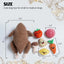 Nocciola Colorful Turkey-Themed Dog Toys by Nocciola include a roast turkey, carrot, tomato, onion, lemon, potato, and mushroom—perfect for puppies and small breeds who love vibrant playtime fun. Sizes detailed for each toy.