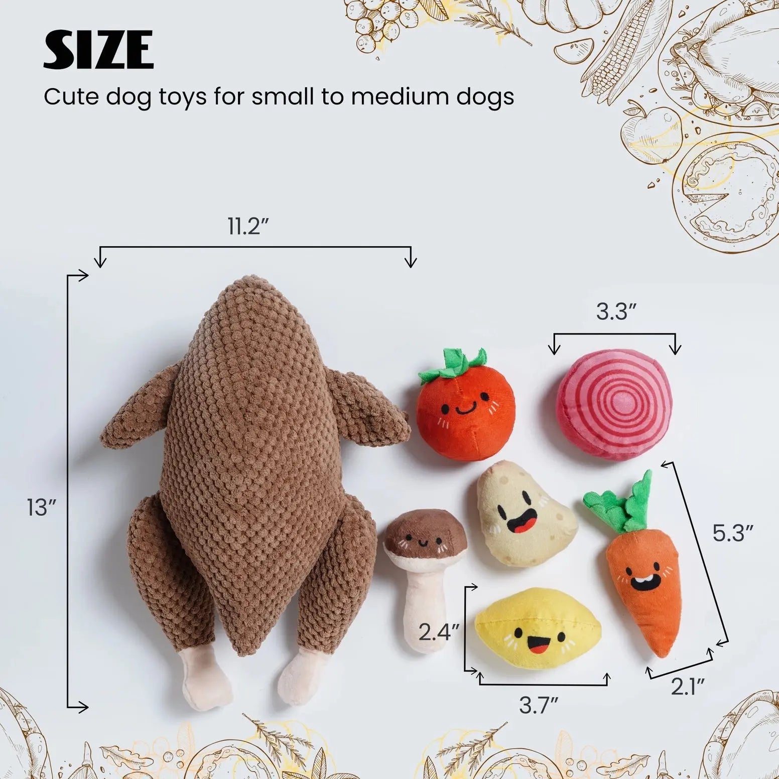 Nocciola Colorful Turkey-Themed Dog Toys by Nocciola include a roast turkey, carrot, tomato, onion, lemon, potato, and mushroom—perfect for puppies and small breeds who love vibrant playtime fun. Sizes detailed for each toy.