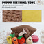 Nocciola Colorful Turkey-Themed Dog Toys for puppies and small breeds are displayed with brown and yellow fabric swatches. Text highlights their high quality, durability, safety, and skin-friendly design.