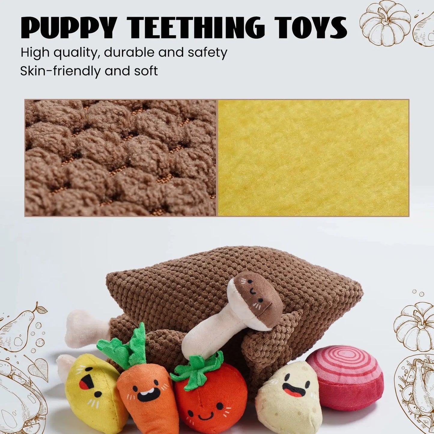 Nocciola Colorful Turkey-Themed Dog Toys for puppies and small breeds are displayed with brown and yellow fabric swatches. Text highlights their high quality, durability, safety, and skin-friendly design.