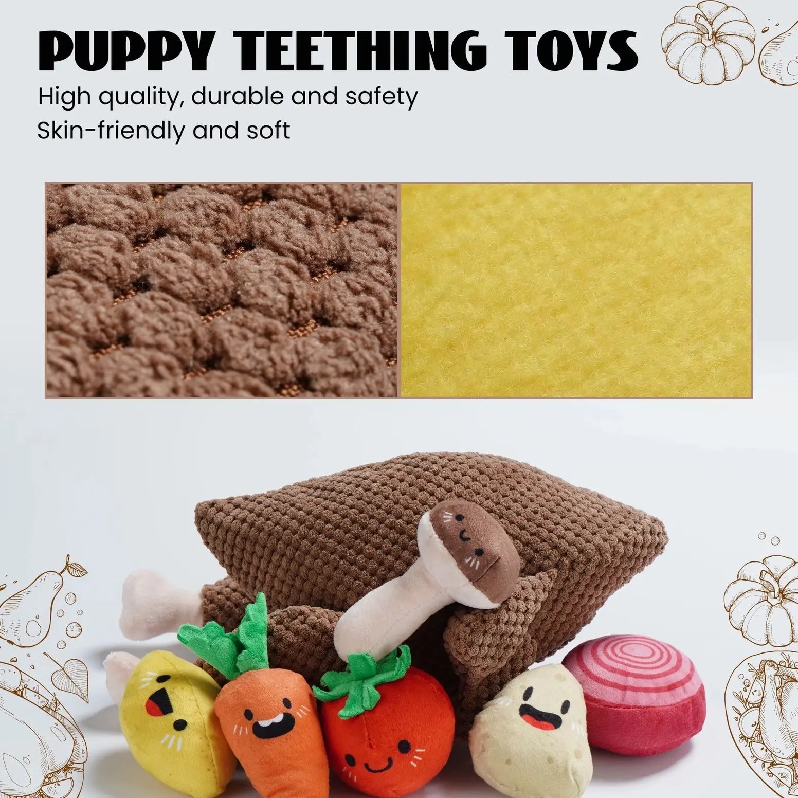 Nocciola Colorful Turkey-Themed Dog Toys for puppies and small breeds are displayed with brown and yellow fabric swatches. Text highlights their high quality, durability, safety, and skin-friendly design.