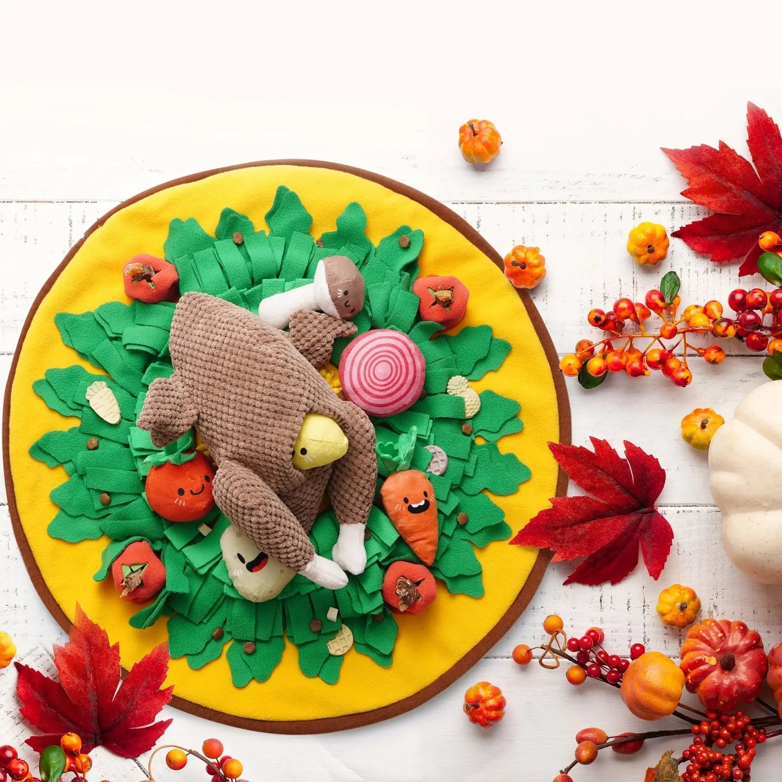 The Nocciola Colorful Turkey-Themed Dog Toys sit on a round yellow and green mat with plush veggies and leaves, surrounded by autumn leaves, berries, and a white pumpkin—ideal for puppies and small breeds.