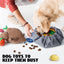 A golden retriever enjoys kibble from a pet-safe treat mat, surrounded by Nocciola Colorful Turkey-Themed Dog Toys—perfect for puppies and small breeds. A person kneels nearby. Text reads: Dog toys to keep them busy.
