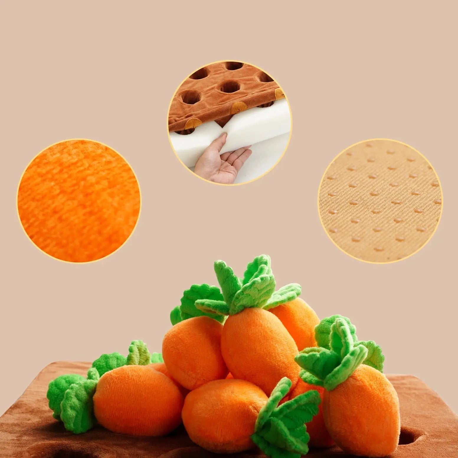 The Nocciola Hide & Chew Carrot Enrichment Toy features plush carrots with green tops on a brown surface. Three circular insets show the soft, textured fabrics—ideal for mental stimulation and enrichment for your dog.