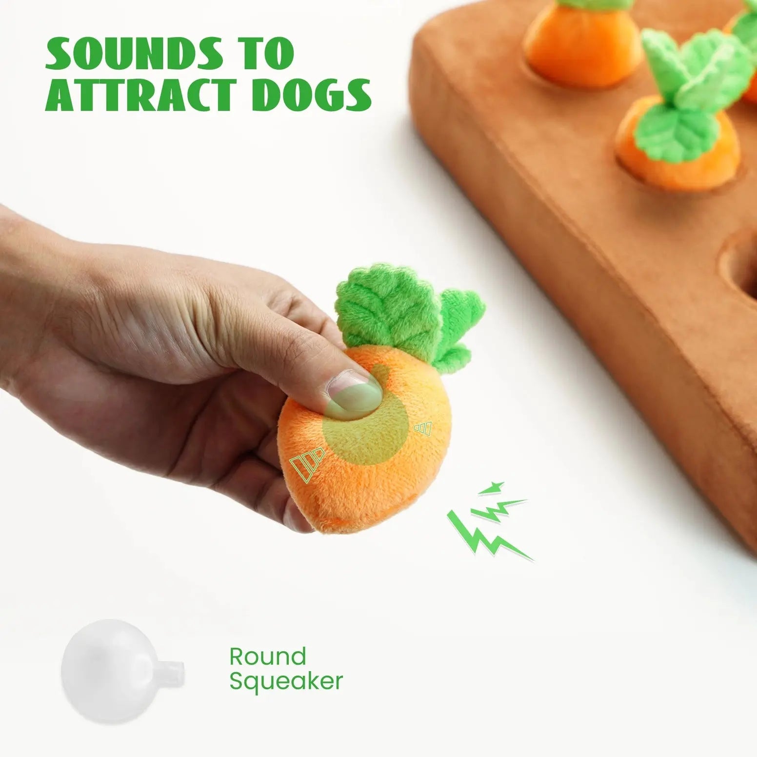 A hand holds the Nocciola Hide & Chew Carrot Enrichment Toy with green leaves, removed from its brown base. Text reads “Sounds to attract dogs.” An illustration reveals a round squeaker for interactive dog mental stimulation. Brand: Nocciola.