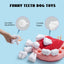A hand squeezes the Nocciola Teeth Extraction Dog Toy – Keep Your Pup Engaged & Happy, a tooth-shaped toy by Nocciola with durable squeakers and crinkle paper for mental stimulation, shown on a red and pink plush base.