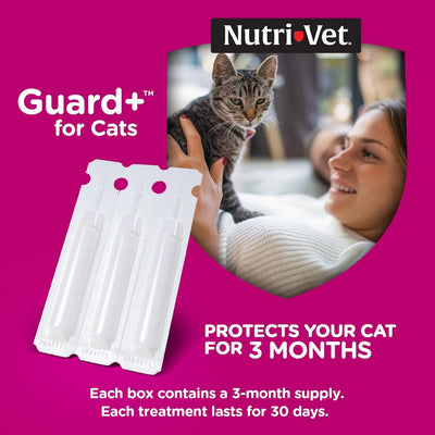 A woman on a couch holds a gray tabby cat. Text reads: Nutri-Vet Guard Plus Flea & Tick Treatment for Cats 3 pk—protects cats from fleas and ticks for 3 months. Three Nutri-Vet single-dose tubes are pictured with product info below.
