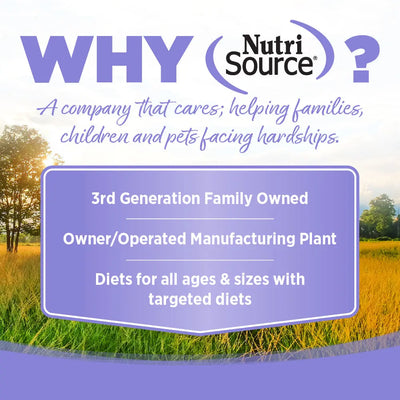Why NutriSource? Family owned for 3 generations with an owner-operated plant, NutriSource Choice Chicken Meal & Barley Recipe Puppy Dry Dog Food 5 lb delivers complete nutrition for puppies—set against a sunny field background.