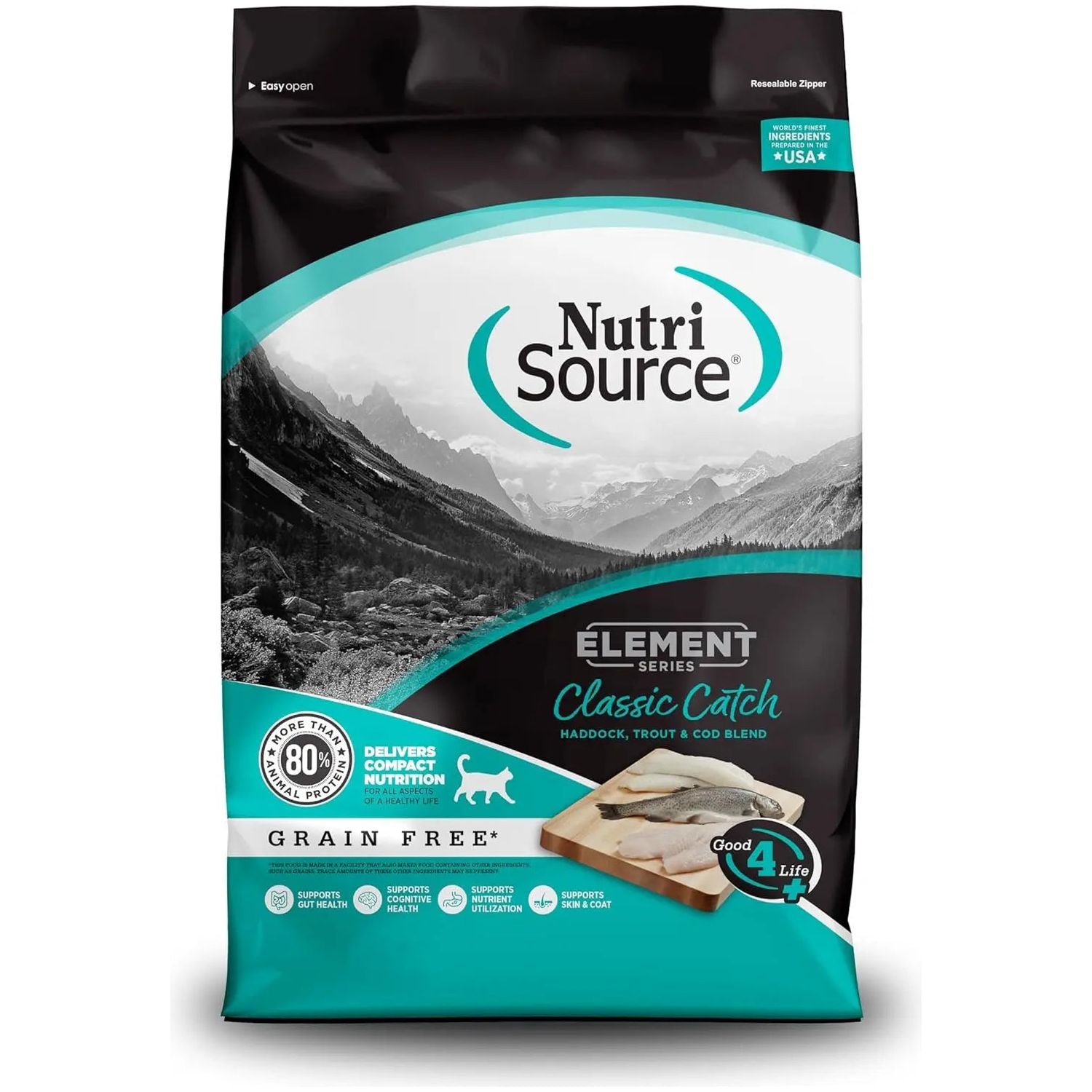 A bag of NutriSource Element Series Classic Catch Grain Free Dry Cat Food, highlighting 80% animal protein and made in the USA, with fish and mountain images on the packaging.