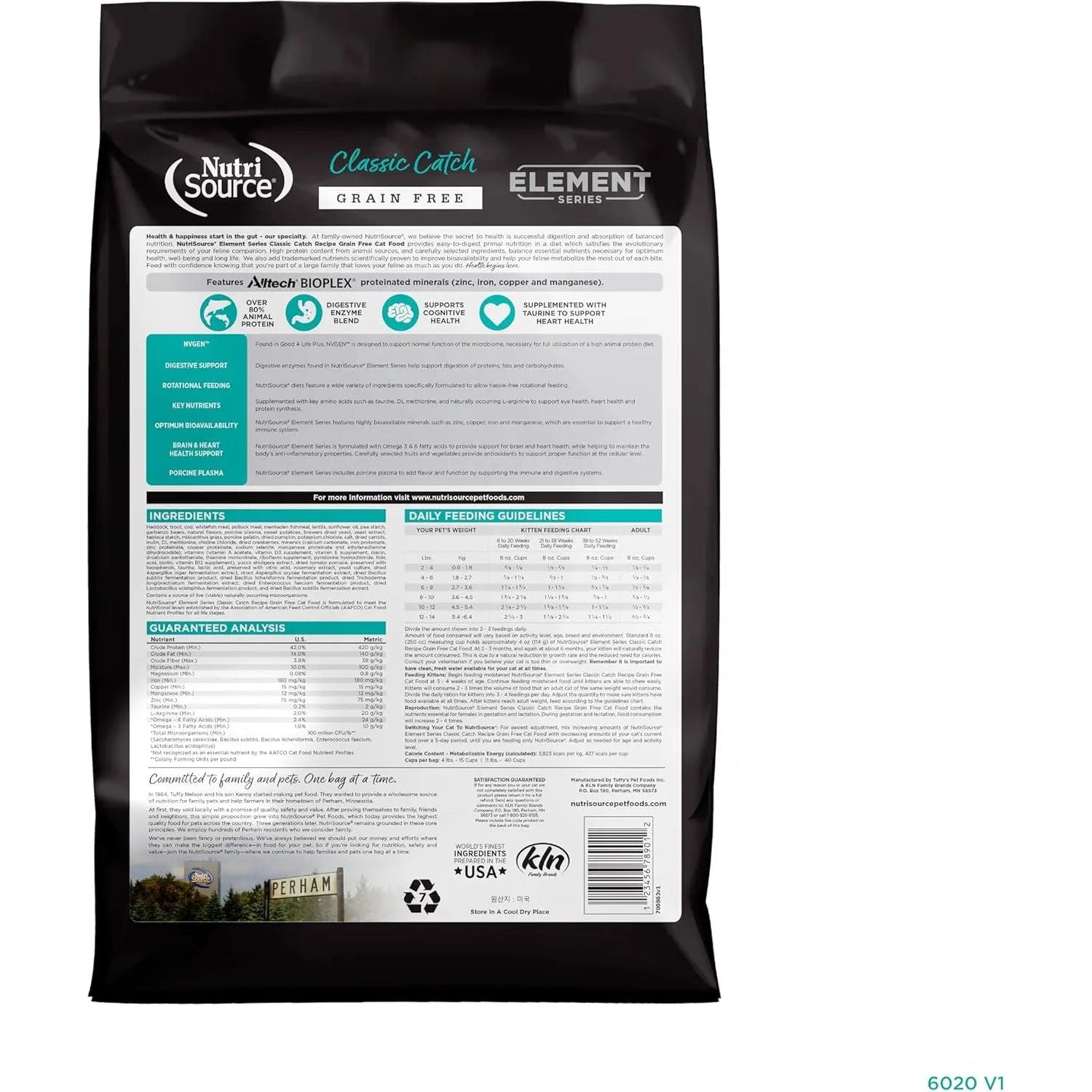 Back view of a NutriSource Element Series Classic Catch Grain Free Dry Cat Food bag, showing nutritional info, feeding guidelines, ingredients, and branding—all emphasizing its premium protein source on the sleek black and white packaging.