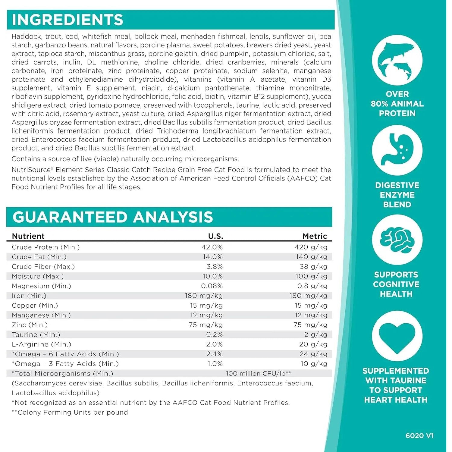 A NutriSource Element Series Classic Catch Grain Free Dry Cat Food label with ingredients, guaranteed analysis, and features like 80%+ premium protein, digestive enzyme blend, and taurine for heart health shown next to aqua icons.
