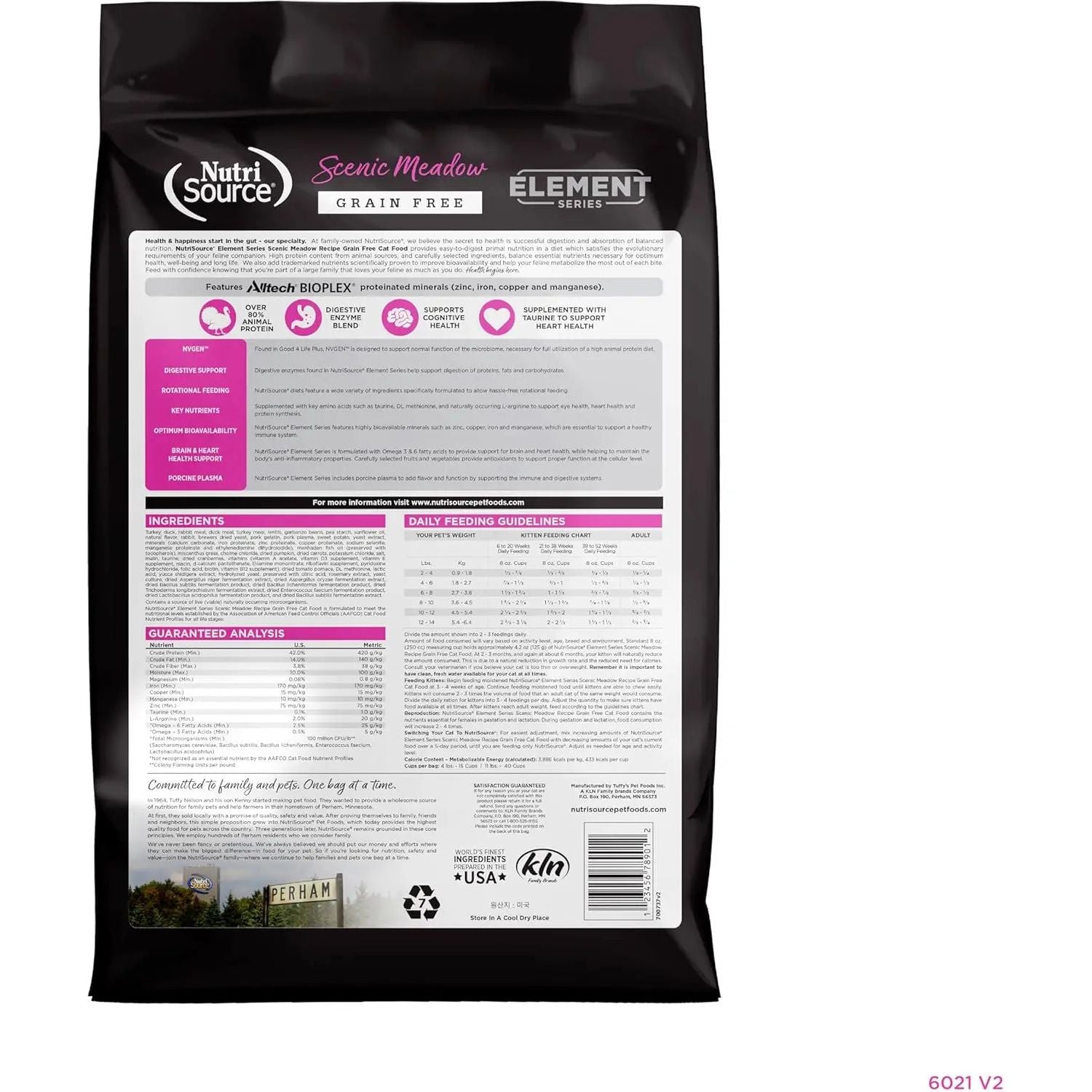 Back of a NutriSource Element Series Scenic Meadow Grain Free Dry Cat Food bag highlights its high-protein formula, ingredients, feeding guidelines, nutritional analysis, and quality and certification icons.