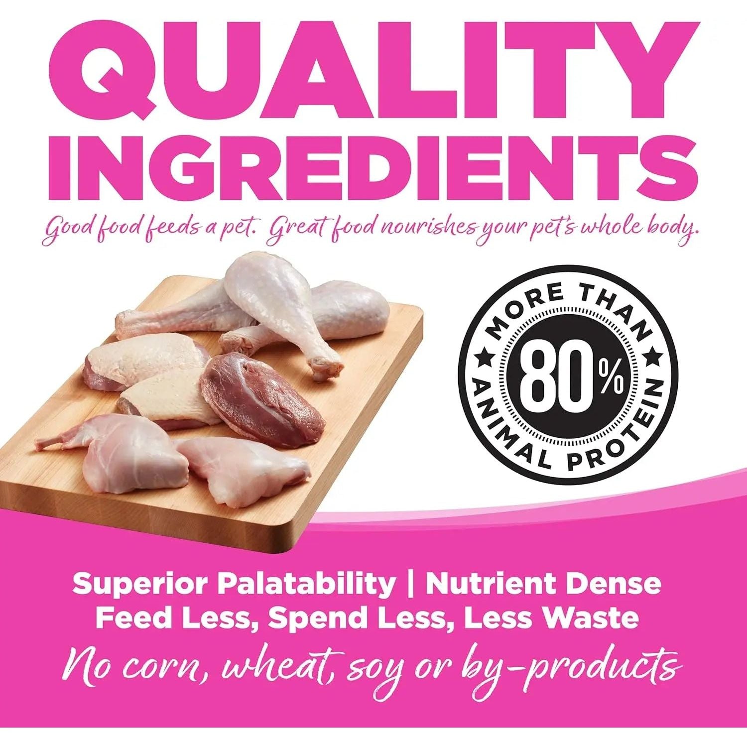 A wooden board displays assorted raw meats as bold text promotes NutriSource Element Series Scenic Meadow Grain Free Dry Cat Food—over 80% animal protein, high-protein formula, no corn, wheat, soy or by-products, and superior palatability.